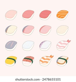 various types of japanese sushi, vector illustration