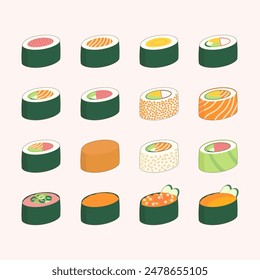 various types of japanese sushi, vector illustration