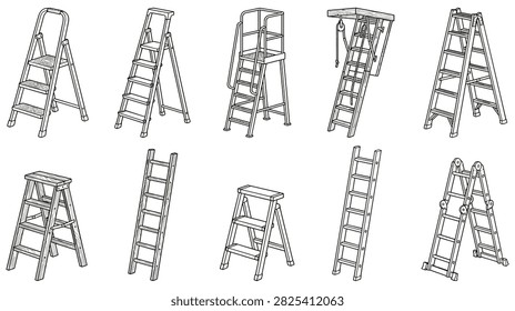 Various types of ladders depicted in line art, including stepladders, platform ladders, and foldable ladders. Essential tools for climbing.