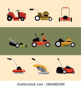 various types of lawn mowers equipment icons vector illustration