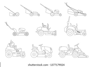 Various types of lawn mowers isolated on white background. Mowed grass. Vector illustration of gardening grass-cutter.