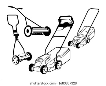 Various types of lawn mowers isolated on white background. Mowed grass.