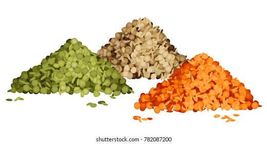 Various types of lentils piles set