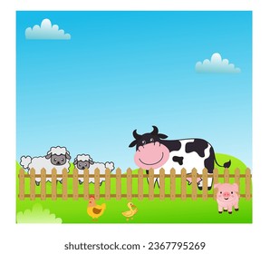 various types of livestock on the farm, illustration of a view of a farm, cows, ducks, chickens, pigs, sheep