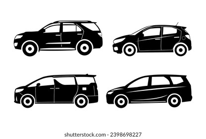 Various types of luxury family cars in silhouette, means of transportation