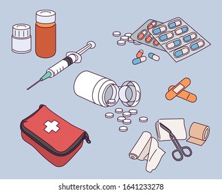 Various types of medical supplies. hand drawn style vector design illustrations. 