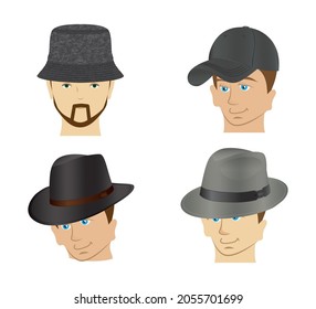 Various types of men's headwear. Hats, baseball cap, headdress.