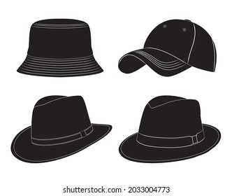 Various types of men's headwear. Silhouette. Hats, baseball cap, headdress.