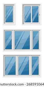 Varios tipos de ventanas modernas con marco blanco con vidrio azul reflectante.
