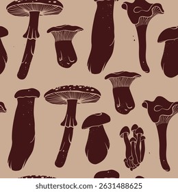 Various types of Mushrooms. Forest wild edible mushrooms. Hand drawn modern Vector illustration. Autumn mood, vegetarian, organic food concept. Square seamless Pattern, background, wallpaper