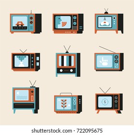 Various types of old vintage analog television vector illustration flat design
