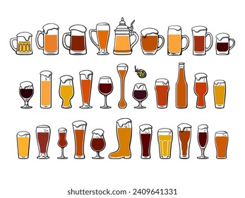 Various types of outline beer glasses and mugs. Hand drawn beer glassware set. Vector illustration isolated on white background.