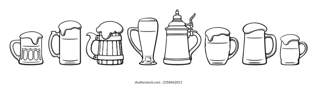 Various types of outline hand drawn beer mugs. Black and white beer glassware set. Мector illustration Isolated on white background.