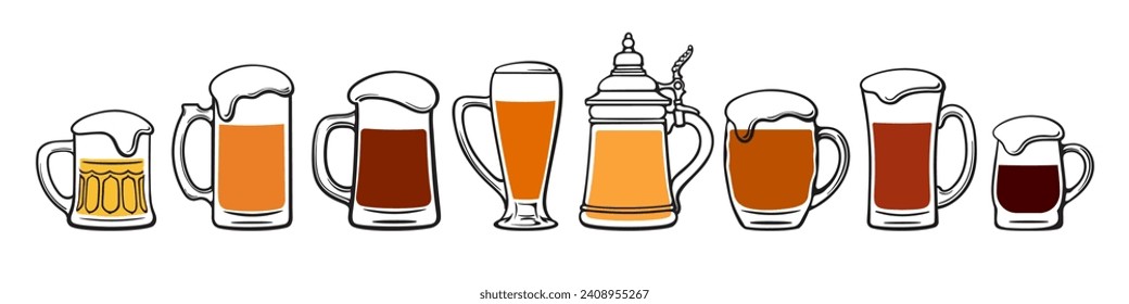 Varios tipos de tazas de cerveza dibujadas a mano. Equipo de cristalería de cerveza. Ilustración vectorial Aislada sobre fondo blanco.