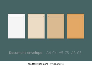 Various types of paper envelope mockup vector isolated on background. Templates A4 C4, A5 C5, A3 C3, vector templates for business and brand identity.