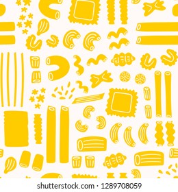 Various types of pasta. Hand drawn colored vector seamless pattern. Perfect for cooking books or menus