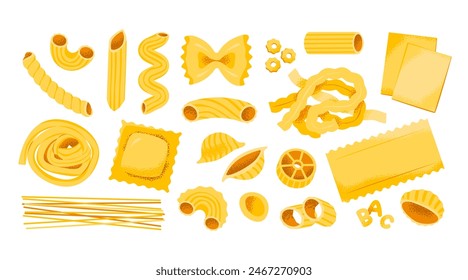 Various types of pasta set. Italian healthy cuisine. Different kind of classic pasta. 