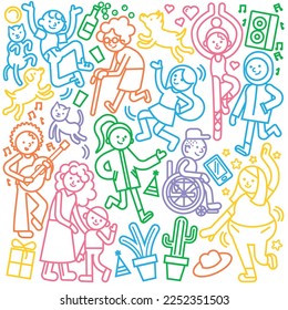 Various types of people having fun! line art vector illustration