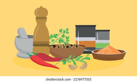 various types of peppers on a yellow background