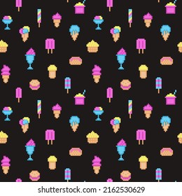 Various types of pixel art ice cream on black background. Sweet snack seamless pattern. Old school vintage retro 80's-90's 8 bit slot machine, computer, video game graphics. 8 bit dessert menu print.