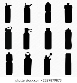 Various types of plastic, steel, glass water bottle silhouette set