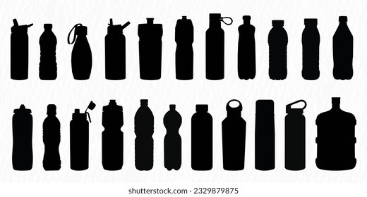 Various types of plastic, steel, glass water bottle silhouette set