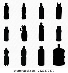 Various types of plastic, steel, glass water bottle silhouette set