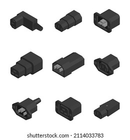 Diversos tipos de cables de alimentación y enchufes. Estilo isométrico plano 3D, ilustración vectorial.
