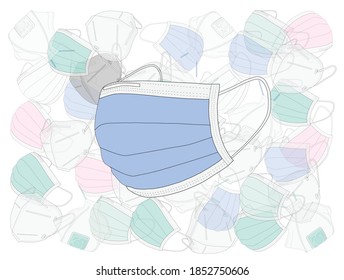 various types of protective masks. In the center, a surgical mask isolated on a white background.