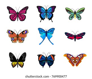 Various types of realistic butterflies: Peacock, Queen Alexandra, Mariposas Azules, Monarch Butterfly, Zygaena Trifolii, Artemida, Attacus Atlas, Kallima Paralekta Horsfield, Troides Rhadamantus