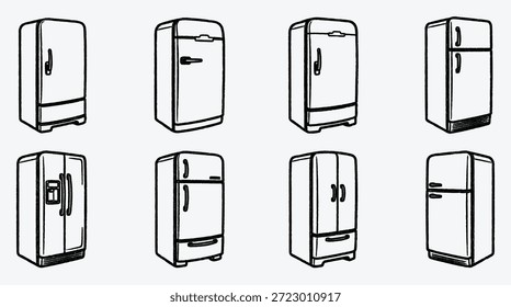 Vários tipos de refrigeradores em um estilo de desenho de linha diferentes modelos e projetos