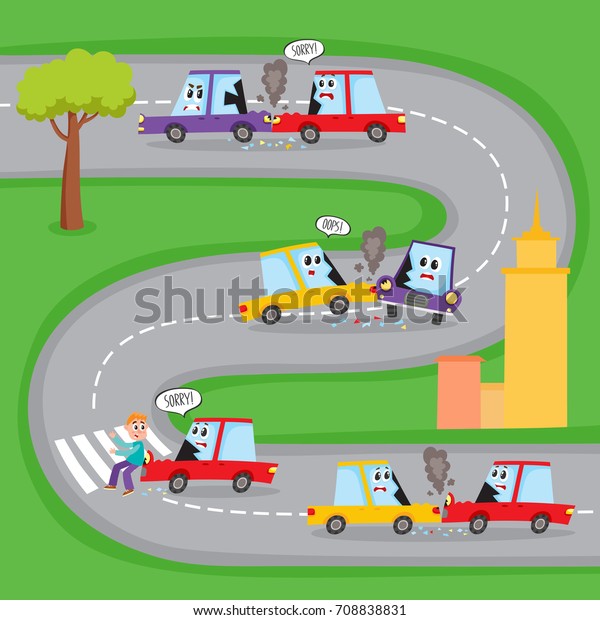 Various types of road accidents with funny car\
characters on city street, cartoon vector illustration. Collision,\
pedestrian knockdown, road accident with funny car characters shown\
on the same road