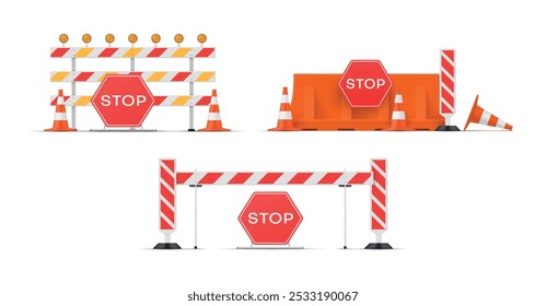 Various types of road barriers featuring bright stop signs are placed on a pristine white background, highlighting their purpose in traffic regulation and safety measures.