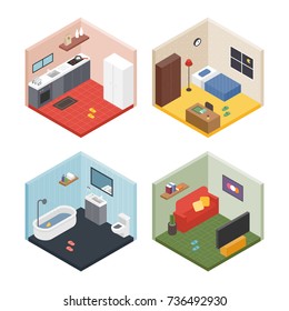 Various types of rooms and furniture of the isometric style vector illustration flat design