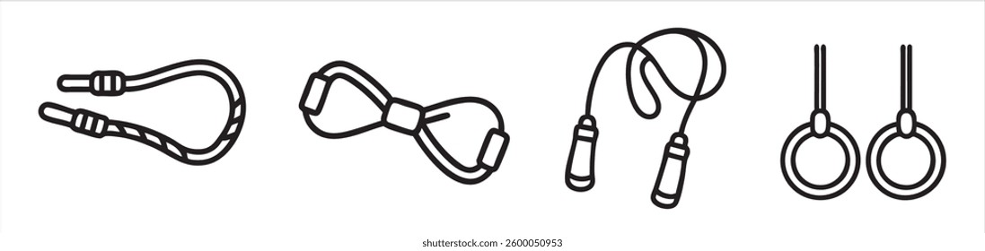 Various types of rope and set of gymnastic rings illustrated in a minimalist style.