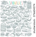 Various types of sandwiches - club sandwich, cheeseburger, hamburger, falafel in pita, shawarma, deli wrap, roll, taco, baguette, panini, bagel, toast. Outline drawing isolated on white background.