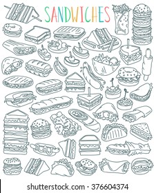 Various Types Of Sandwiches - Club Sandwich, Cheeseburger, Hamburger, Falafel In Pita, Shawarma, Deli Wrap, Roll, Taco, Baguette, Panini, Bagel, Toast. Outline Drawing Isolated On White Background.