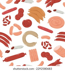 Various types of sausages and ham background. Seamless pattern meat sausages. Grocery meat template for print, packaging, product design, vector illustration