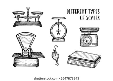 Various types of scales, weights - hand-drawn illustration set. Vector sketch illustrations, outline drawings in engraving style