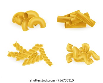 Various types and shapes pasta and macaroni realistic vector illustration set isolated on white. Italian national cuisine traditional ingredient. Natural healthy eating food