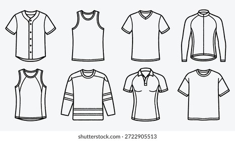 Varios tipos de camisas y tops para hombres y mujeres en diferentes estilos y diseños de ropa casual y deportiva