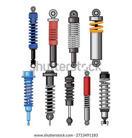 Various types of shock absorbers and spring coil assemblies representing vehicle suspension components, providing damping and comfort for different automotive applications and engineering needs