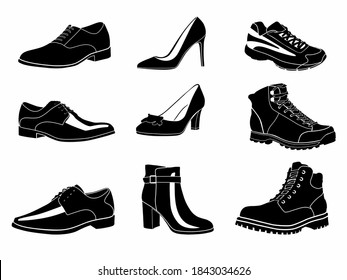 Various types of shoes. Vector graphics of silhouettes