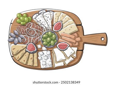 Various types of sliced cheeses with grapes, olives, figs and meat on a wooden cutting board. Cheese set in cartoon style isolated on white background. Vector illustration