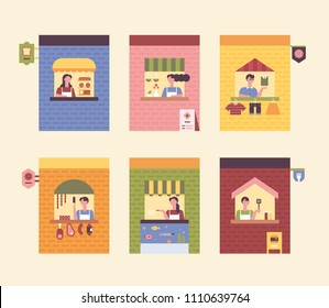 Various types of small stores and clerks. flat design style vector graphic illustration set