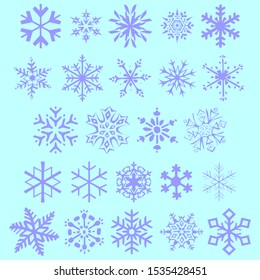 Various types of Snowflakes. White snowflakes isolated in light blue background. Christmas background. Snowflakes background.