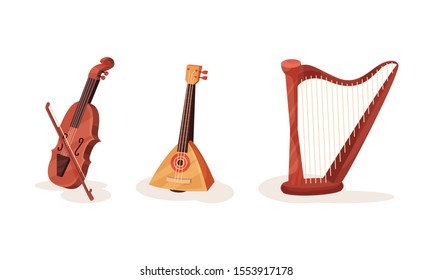 Various Types of Stringed National and Classical Musical Instruments Vector Illustration Set Isolated On White Background