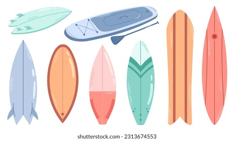 Varios tipos de tablas de surf. Coloridas tablas de agua largas y cortas de diseño diferente. Ilustración vectorial plana aislada en fondo blanco.