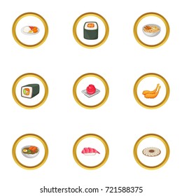 Various types of sushi icons set. Cartoon style set of 9 various types of sushi vector icons for web design