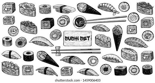 Various types of sushi. Maki rolls, nigiri, gunkan, temaki sushi, soy, chopsticks, big set of hand drawn illustrations. Vector sketch of japanese food. 